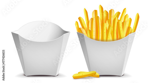French Fries Vector. White Empty Blank Paper Bag. Fast Food Icons Potato. Empty And Full. Isolated Illustration