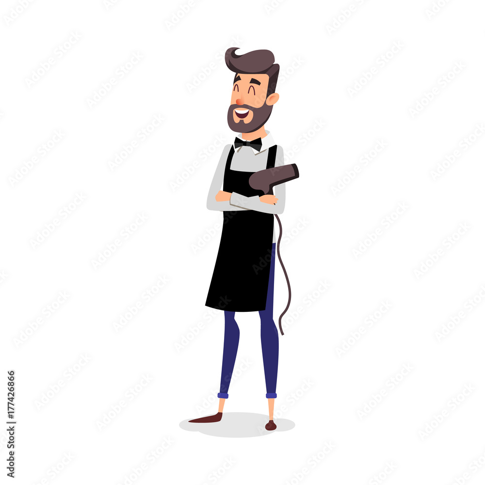 Cartoon successful hairdresser in an apron with a hair dryer in hand. Young A stylish hairdresser with a beard. Professional fashion stilist smiling on a white background