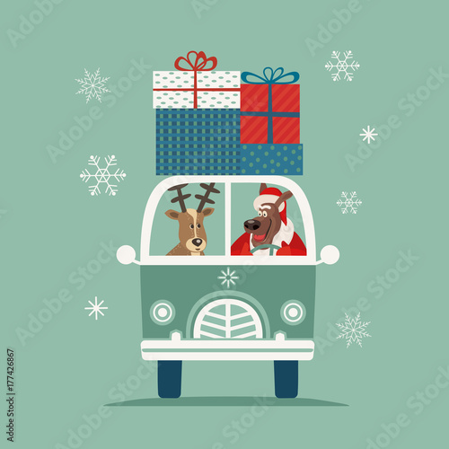 Happy holidays poster. Cute deer and dog deliver Christmas gifts by bus. Colorful playful cartoon. Puppy in Santa Claus hat and reindeer. Vector winter holiday greeting card. New Year fun background