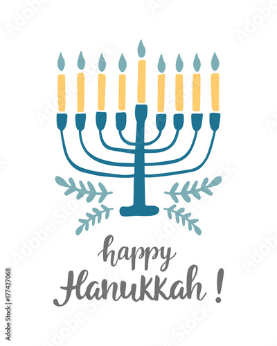 Happy Hanukkah greeting card with hand written modern brush lettering and menorah