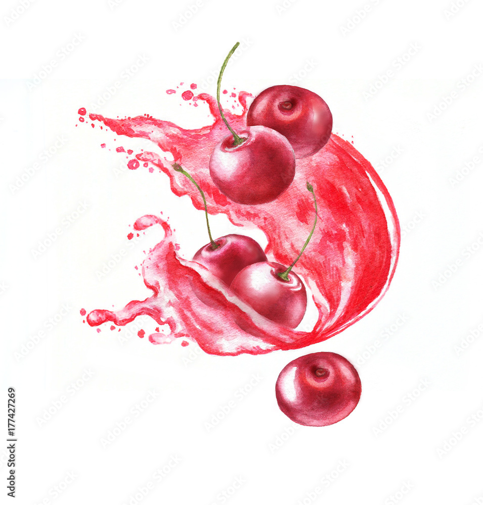 Naklejka Ręcznie rysowane akwarela wibrujący ilustracja świeżych soczystych wiśni. Dynamiczni pluśnięcia wiśnia sok i dojrzałe jagody odizolowywający na białym tle. Clipartów żywności.