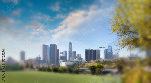 Beautiful skyline of Downtown Los Angeles from city park