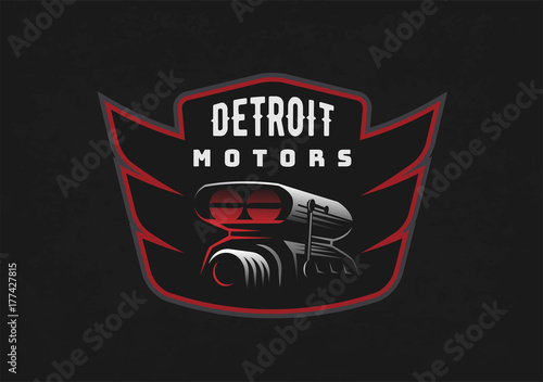 Retro car emblem on dark grunge background. Car air intake and throttle body illustration. T-shirt print design.
