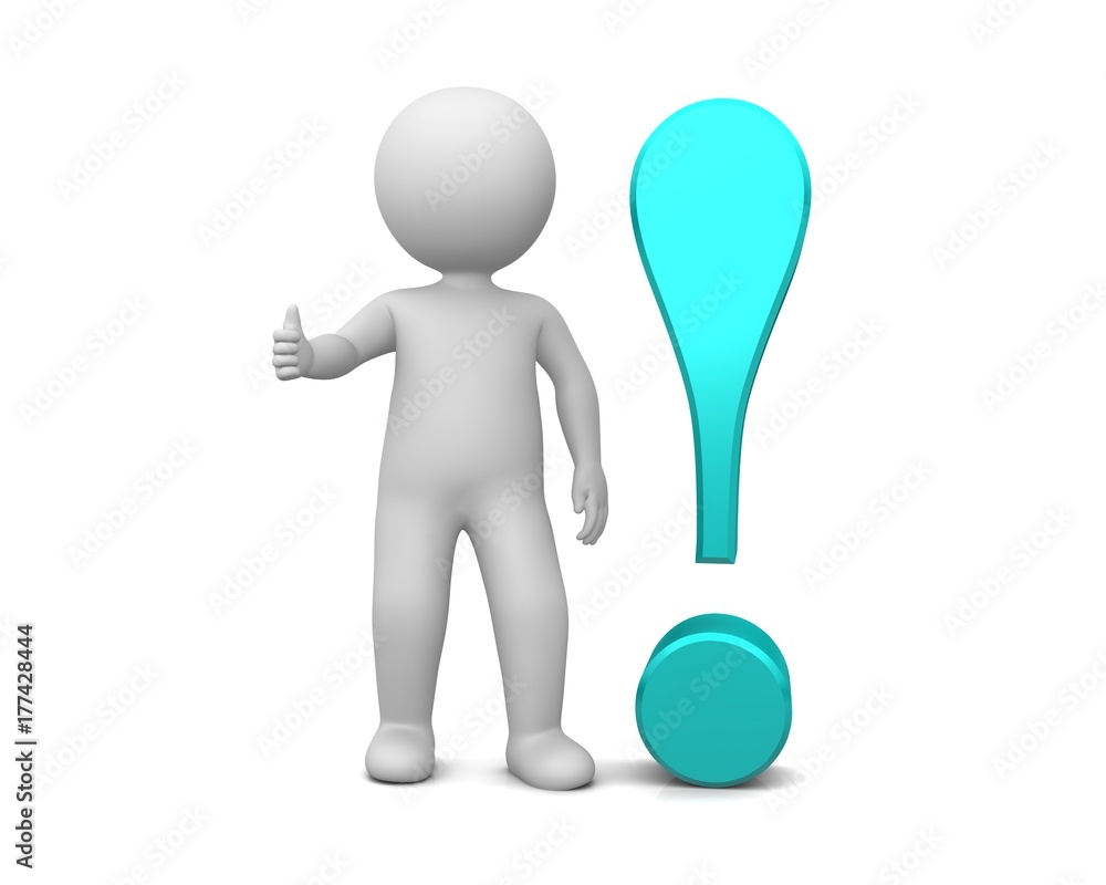 man thumbs up ok all right gesture pose with orange 3d exclamation mark exclamation point isolated on white man thumbs up ok all right gesture pose with orange 3d exclamation mark exclamation point isolated on white