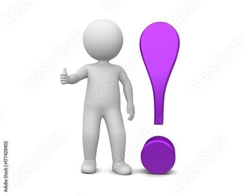 man thumbs up ok all right gesture pose with purple 3d exclamation mark exclamation point isolated on white