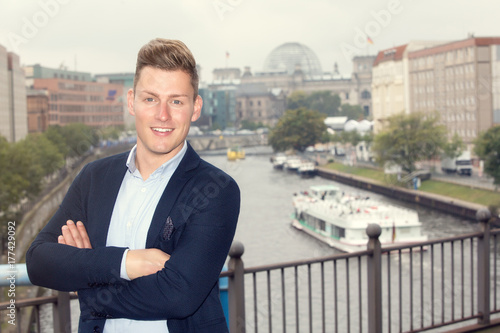 Photography businessman with german parliament in the background