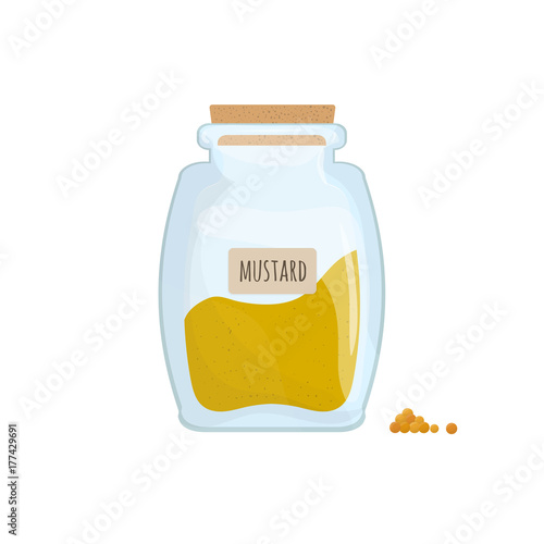 Billede på lærred Mustard powder stored in clear jar isolated on white background