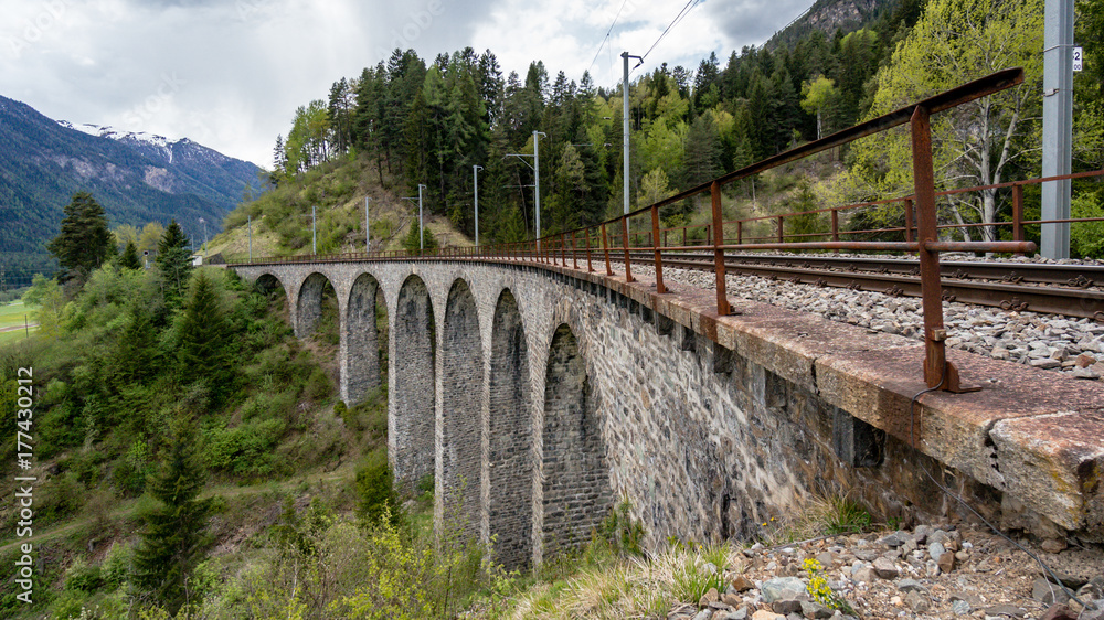 Railroad tracks and bridge on Landwasser Viaduct bridge, Switzerland