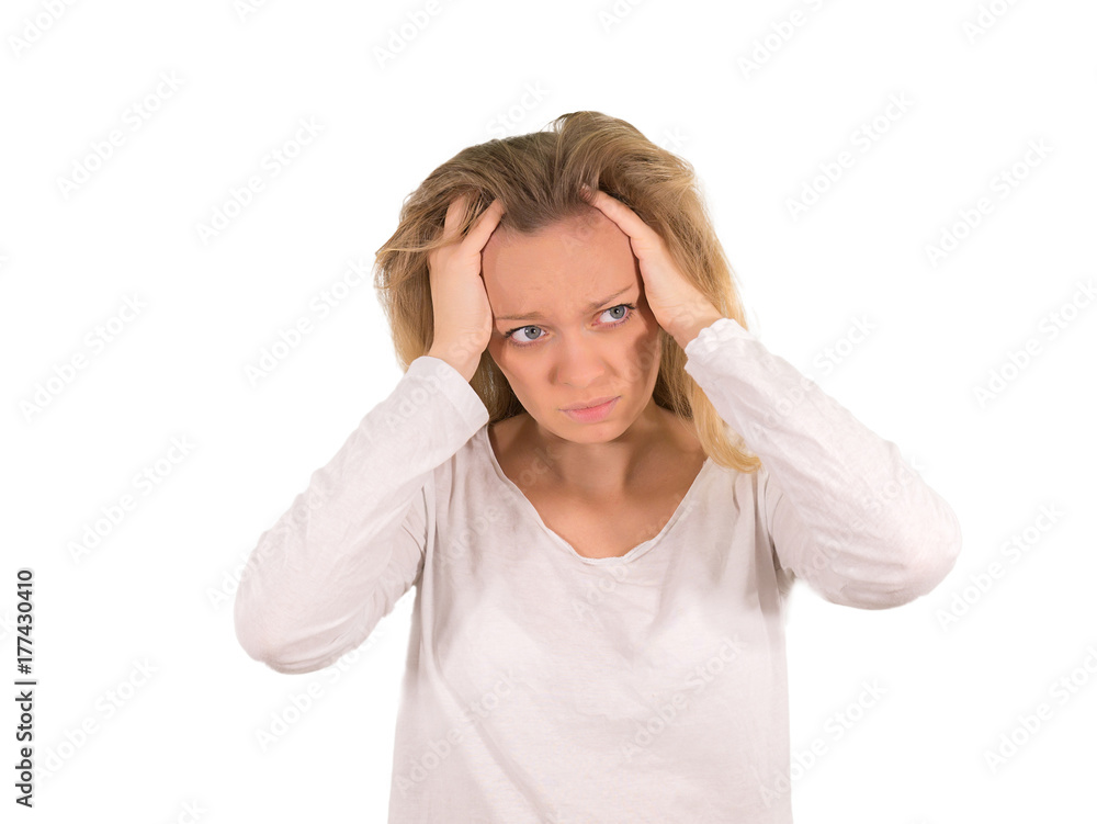 Girl blonde a headache. Isolated on a white background. Mockup Girl blonde a headache. Isolated on a white background. Mockup