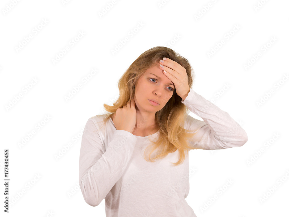 The blonde girl sore neck. Isolated on a white background. Mockup The blonde girl sore neck. Isolated on a white background. Mockup