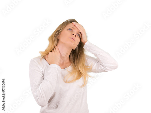 The blonde girl sore neck. Isolated on a white background. Mockup