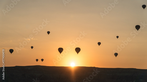 silhouettes of hot air balloons in Cappadocia  Turkey