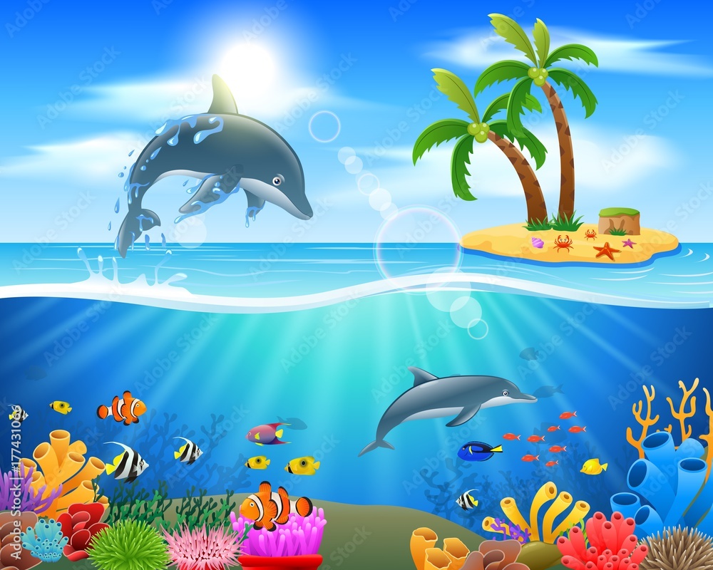 Obraz premium Kreskówka delfin skoki w tle błękitnego oceanu. ilustracji wektorowych