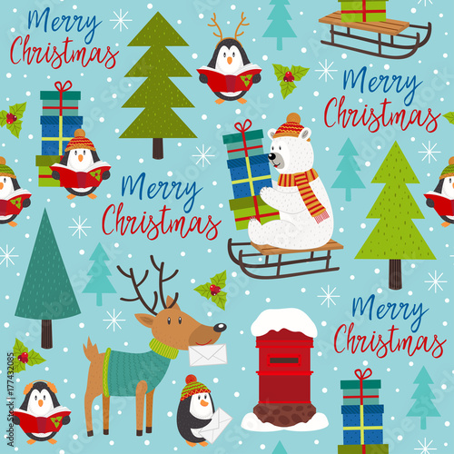 seamless pattern Merry Christmas with arctic animals - vector illustration, eps