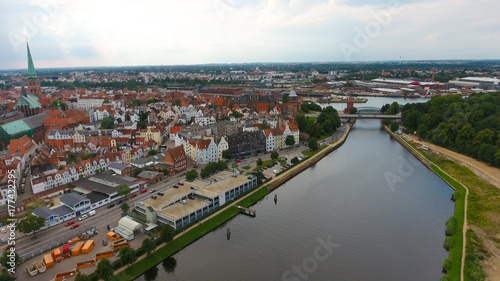 Aerial view of Lubeck at sunset, Germany