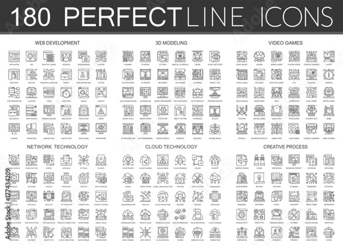 180 outline mini concept infographic symbol icons of web development, 3d modeling, video games, network technology, cloud technology, creative process.