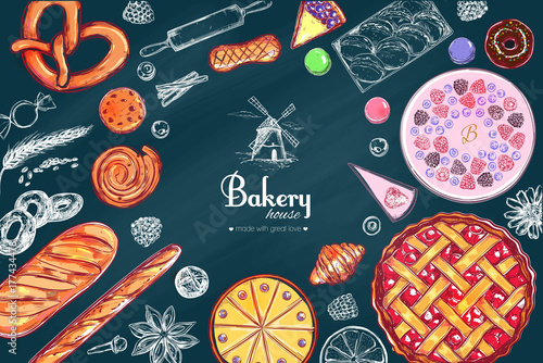 Bakery and Bread vector frame. Different types of pastries and cakes with fruits and berries. Cherry pie