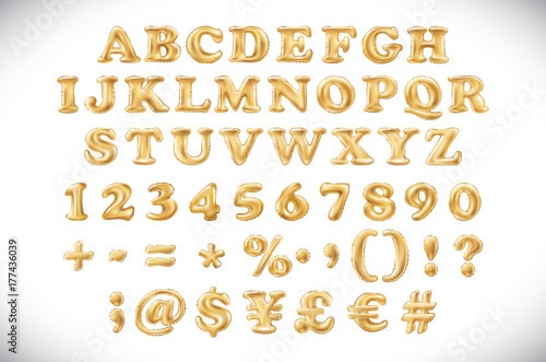English alphabet and numerals from yellow Golden balloons on a white background. holidays and education