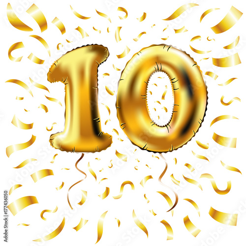 Golden number ten metallic balloon. 10 Party decoration gold balloons. Anniversary sign for happy holiday, celebration, birthday, carnival, new year. Metallic design