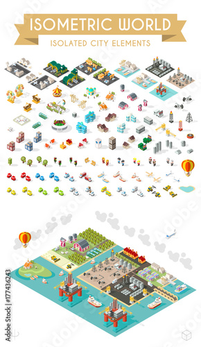 Set of Isometric High Quality City Element on Brown Background . City