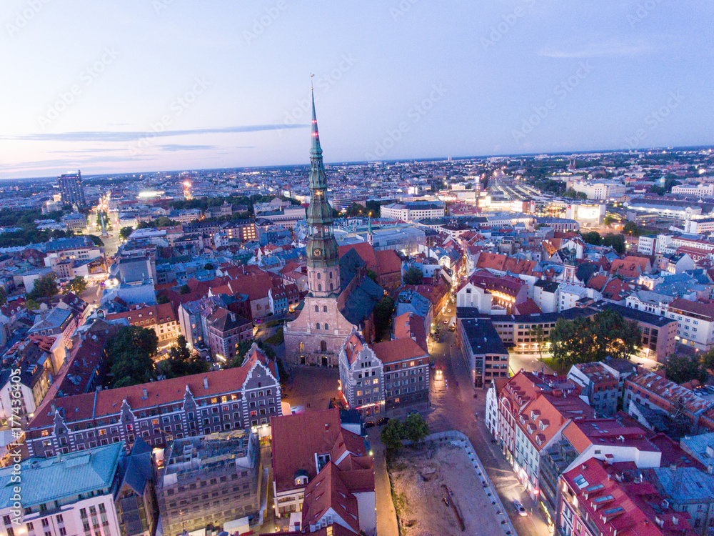 Aerial view of Riga at dusk, Latvia