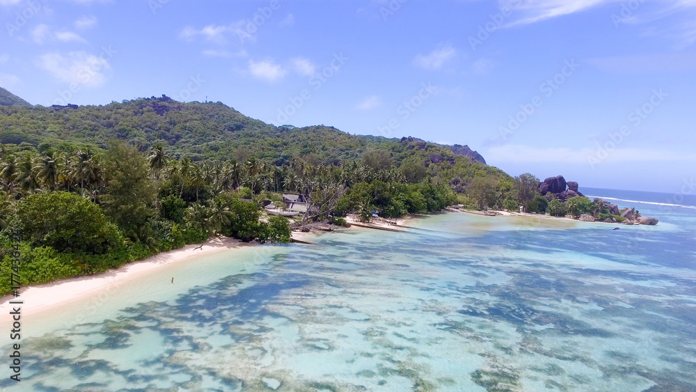 Anse Source D'Argent in La Digue Island - Seychelles aerial view