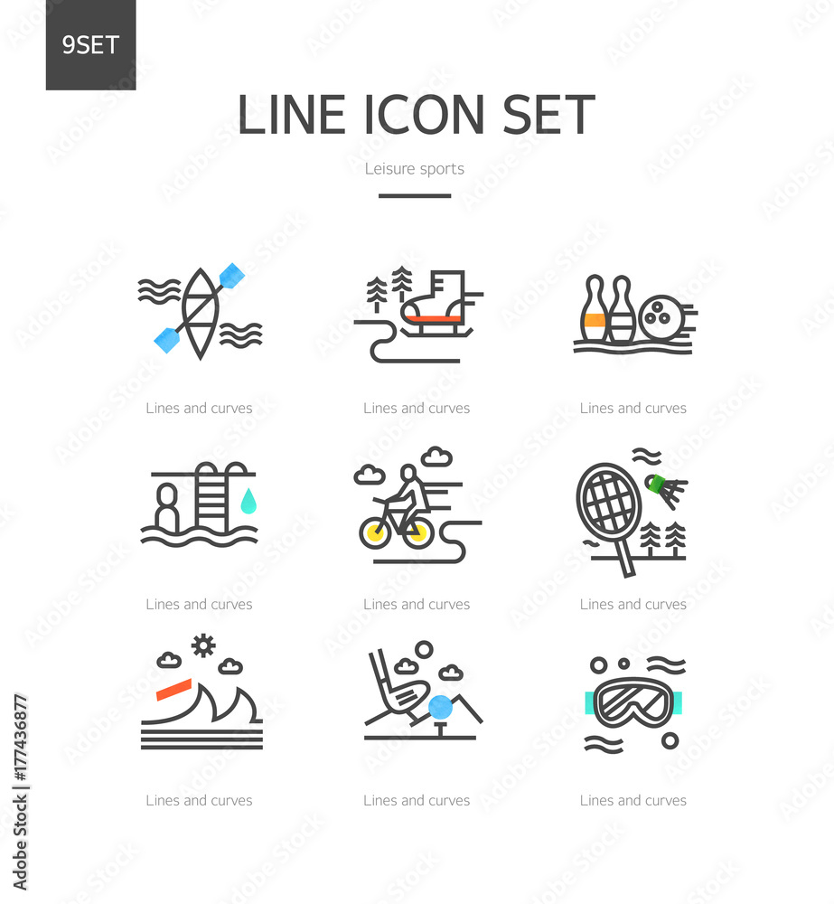 Fototapeta premium Leisure sports line icon set