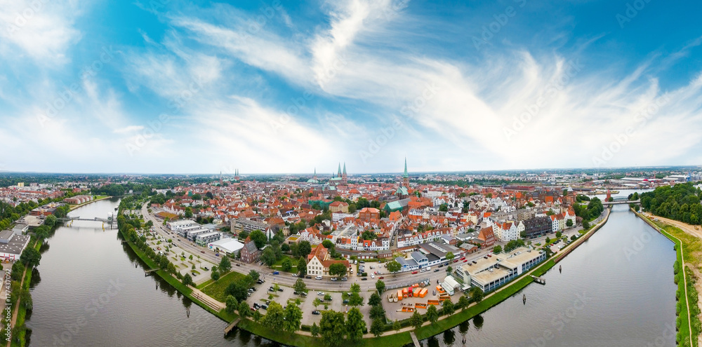 Obraz premium Aerial view of Lubeck at sunset, Germany