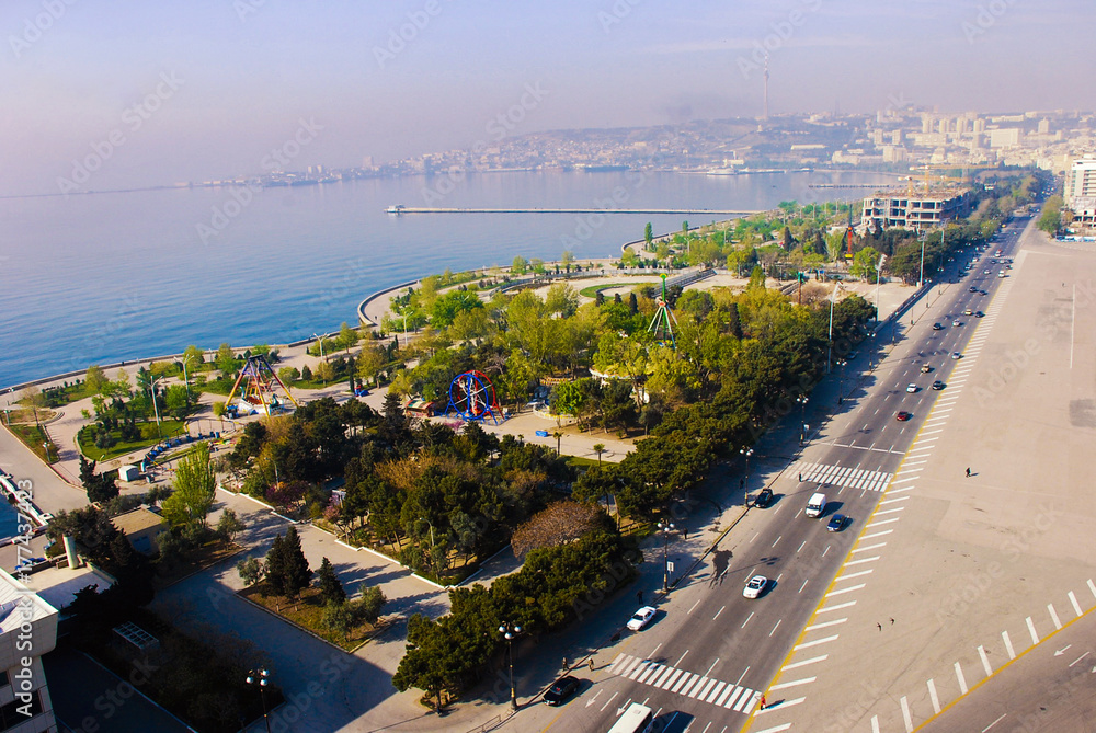 Fototapeta premium View of the city centre of Baku - Azerbaijan in the winter. Church.View of the Caspian Sea. View of the boulevard