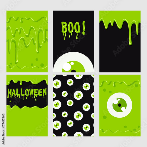 Halloween set. Green  monster, eyes seamless pattern and slime. Halloween poster, banner, card, background.