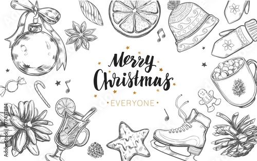 Merry Christmas and Happy New Year frame. Vector hand drawn winter elements and Modern brushpen Calligraphy. Lettering