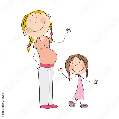 Happy young pregnant woman with her little daughter - original hand drawn illustration