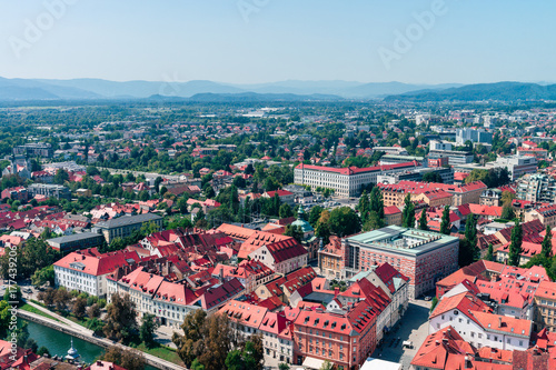 Slovenia, Ljubljana - panoramic view from the top of The Ljubljana Castle. Summer noon sun photo
