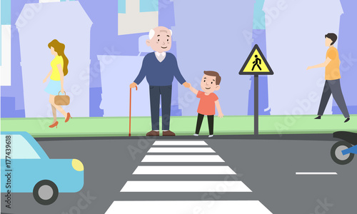 Happy boy helps grandfather cross the road. Safe life. Color vector illustration