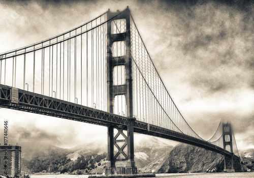 San Francisco Golden Gate Bridge on a foggy day from Fort Point