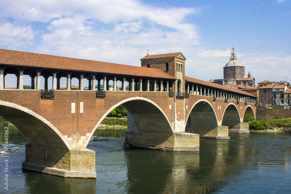 The Ponte Coperto (covered bridge), also known as the Ponte Vecchio (old bridge), a brick and stone arch bridge over the Ticino River in Pavia, Italy