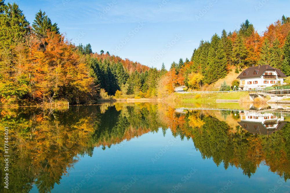 Beautiful landscape of Mrzla vodica lake, autumn landscape, Gorski kotar, Croatia 