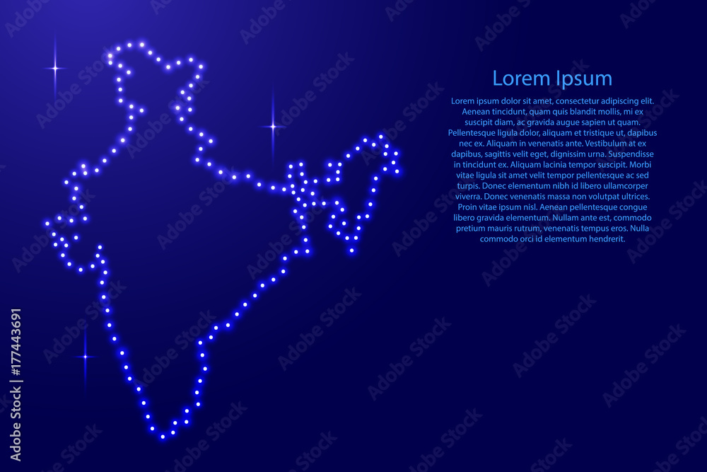 Map India from luminous blue star space points on the contour for banner, poster, greeting card, of vector illustration. Map India from luminous blue star space points on the contour for banner, poster, greeting card, of vector illustration.