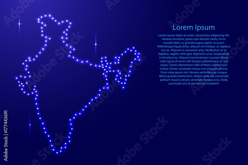Map India from luminous blue star space points on the contour for banner, poster, greeting card, of vector illustration.
