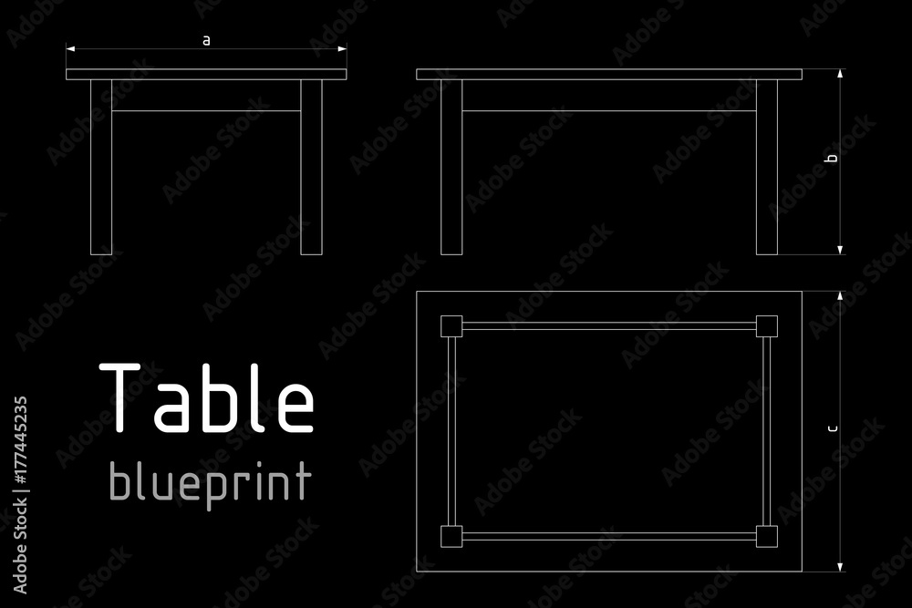 Table furniture wireframe blueprint with dimensions. Linear outline
