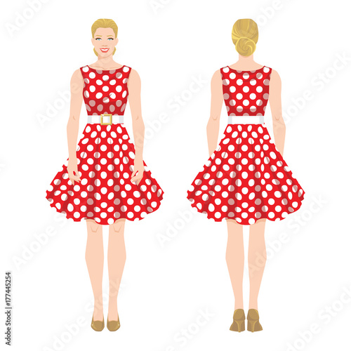 Vector illustration of woman in elegant red dress in new look style and shoes on high heel on white background. Various turns woman's figure. Front view and back view. Dress with polka dot pattern