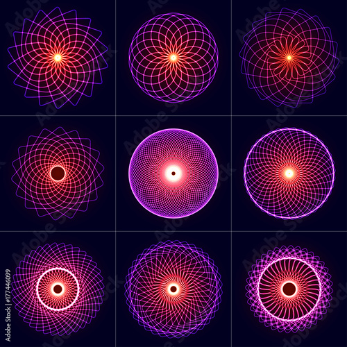 Neon glow symmetry elements set. Sacred Geometry. Circle of balance and harmony. Abstract psychedelic vector background.
