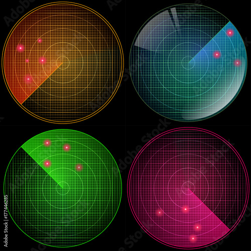 Radar set with targets in process. Navigation HUD interface. Military radar screen. Vector illustration
