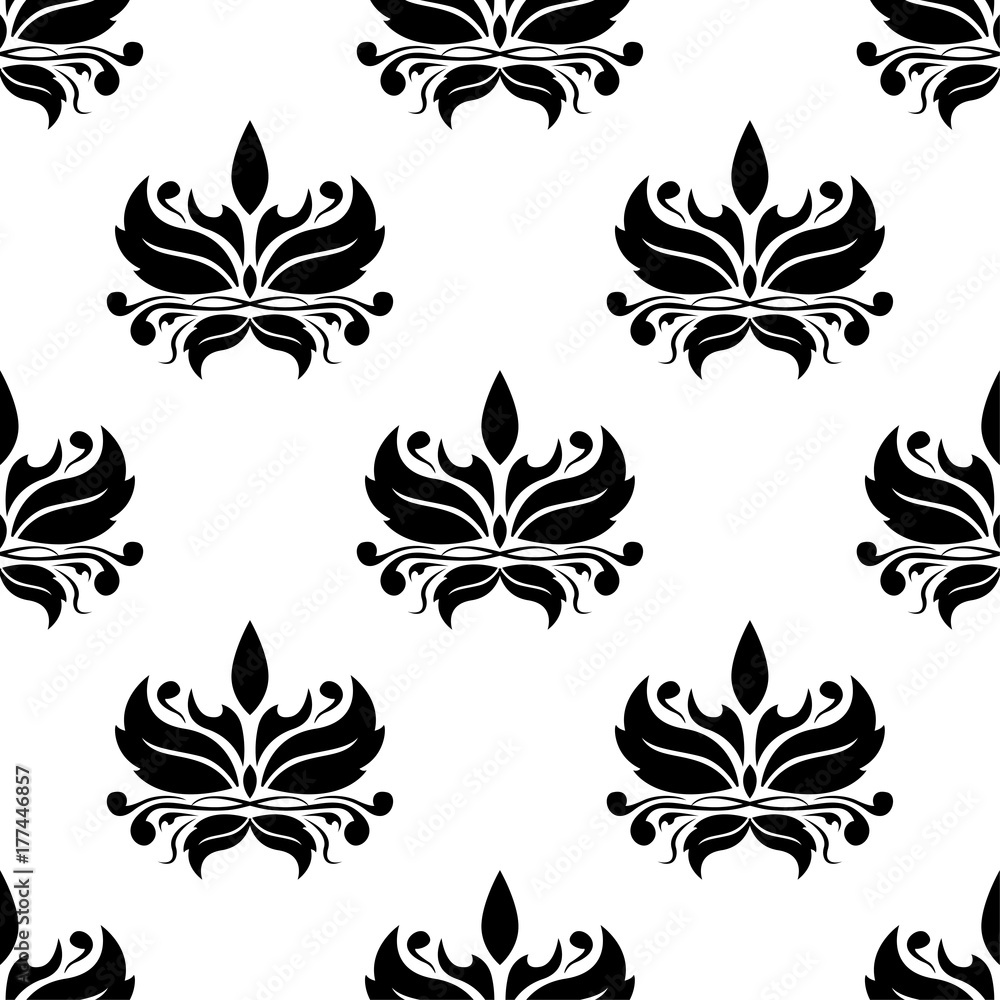 Obraz premium Black floral seamless ornament on white background