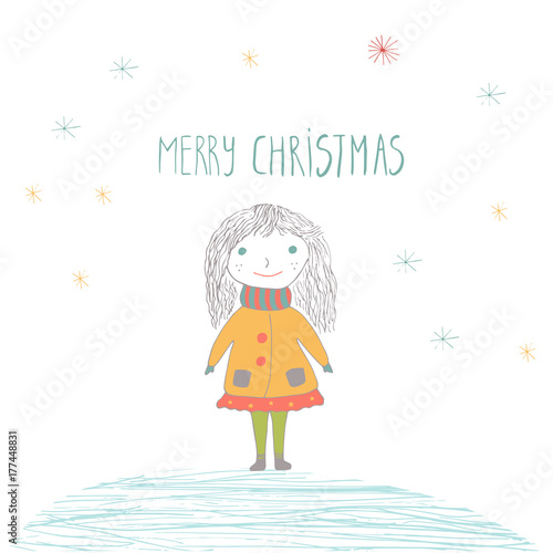 Merry Christmas cute greeting card with girl for presents.