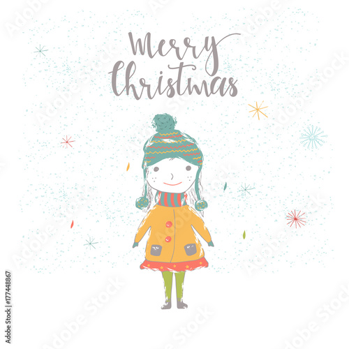 Merry Christmas cute greeting card with girl for presents.