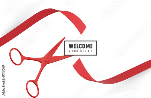 Grand Opening with red Ribbon and Scissors. Welcome ribbon cutting Vector template