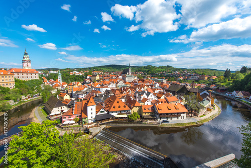 Cesky Krumlov city from aerial view with river in perfect sunny day