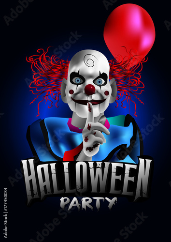 scary clown with a balloon halloween party flyer