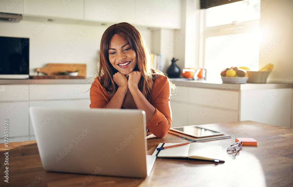 Smiling young female entrepreneur working online in her kitchen Smiling young female entrepreneur working online in her kitchen